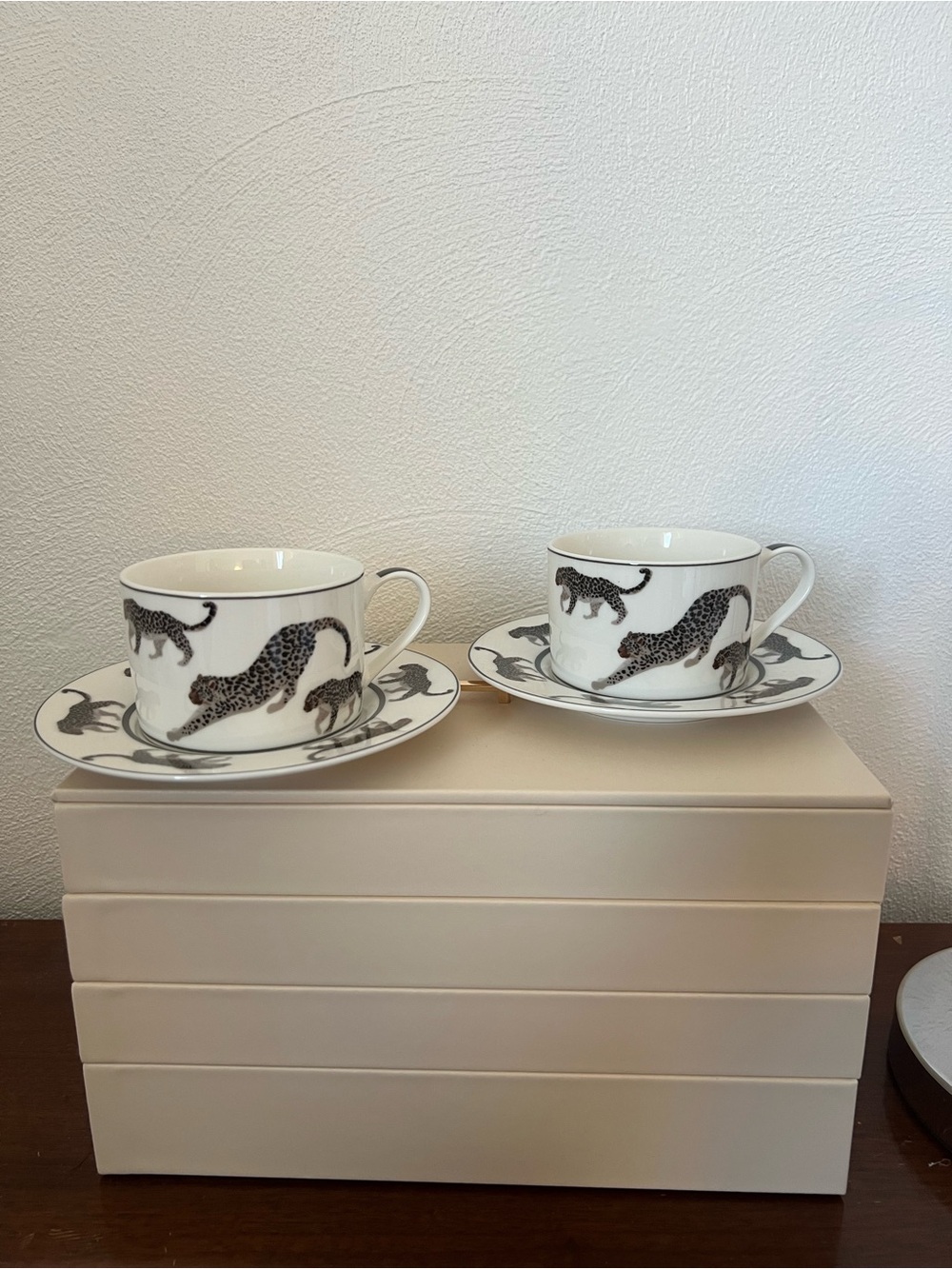 Cup and saucer set with black leopard print on white background